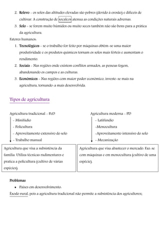 2. Relevo - os solos das altitudes elevadas são pobres (devido à erosão) e difíceis de
cultivar. A construção de socalcos atenua as condições naturais adversas.
3. Solo - se forem muito húmidos ou muito secos também não são bons para a prática
da agricultura.
Fatores humanos:
1. Tecnológicos - se o trabalho for feito por máquinas obtém-se uma maior
produtividade e os produtos químicos tornam os solos mais férteis e aumentam o
rendimento.
2. Sociais - Nas regiões onde existem conflitos armados, as pessoas fogem,
abandonando os campos e as culturas.
3. Económicos - Nas regiões com maior poder económico, investe-se mais na
agricultura, tornando-a mais desenvolvida.
Tipos de agricultura
Agricultura tradicional - PeD Agricultura moderna - PD
- Minifúdio - Latifúndio
- Policultura -Monocultura
- Aproveitamento extensivo do solo -Aproveitamento intensivo do solo
- Trabalho manual - Mecanização
Problemas
Problemas
 Países em desenvolvimento:
Êxodo rural, pois a agricultura tradicional não permite a subsistência dos agricultores;
Agricultura que visa a subsistência da
família. Utiliza técnicas rudimentares e
pratica a policultura (cultivo de várias
espécies).
Agricultura que visa abastecer o mercado. Faz-se
com máquinas e em monocultura (cultivo de uma
espécie).
 