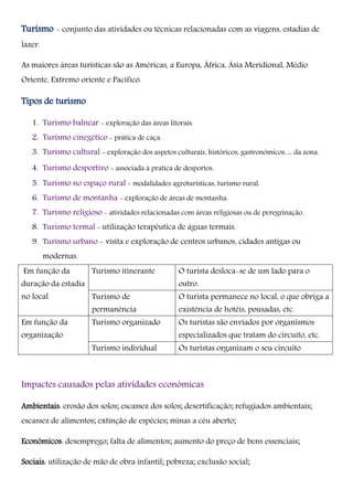 Turismo - conjunto das atividades ou técnicas relacionadas com as viagens, estadias de
lazer.
As maiores áreas turísticas são as Américas, a Europa, África, Ásia Meridional, Médio
Oriente, Extremo oriente e Pacífico.
Tipos de turismo
1. Turismo balnear - exploração das áreas litorais.
2. Turismo cinegético - prática de caça.
3. Turismo cultural - exploração dos aspetos culturais, históricos, gastronómicos… da zona.
4. Turismo desportivo - associada à pratica de desportos.
5. Turismo no espaço rural - modalidades agroturísticas, turismo rural.
6. Turismo de montanha - exploração de áreas de montanha.
7. Turismo religioso - atividades relacionadas com áreas religiosas ou de peregrinação.
8. Turismo termal - utilização terapêutica de águas termais.
9. Turismo urbano - visita e exploração de centros urbanos, cidades antigas ou
modernas.
Em função da
duração da estadia
no local
Turismo itinerante O turista desloca-se de um lado para o
outro.
Turismo de
permanência
O turista permanece no local, o que obriga a
existência de hotéis, pousadas, etc.
Em função da
organização
Turismo organizado Os turistas são enviados por organismos
especializados que tratam do circuito, etc.
Turismo individual Os turistas organizam o seu circuito
Impactes causados pelas atividades económicas
Ambientais: erosão dos solos; escassez dos solos; desertificação; refugiados ambientais;
escassez de alimentos; extinção de espécies; minas a céu aberto;
Económicos: desemprego; falta de alimentos; aumento do preço de bens essenciais;
Sociais: utilização de mão de obra infantil; pobreza; exclusão social;
 