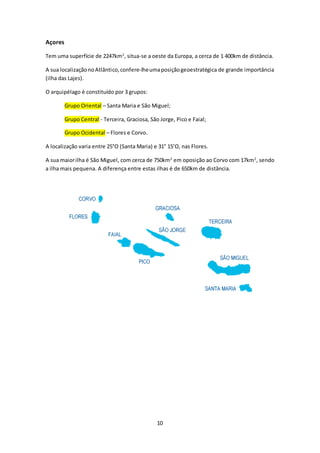 10 
Açores 
Tem uma superfície de 2247km2, situa-se a oeste da Europa, a cerca de 1 400km de distância. 
A sua localização no Atlântico, confere-lhe uma posição geoestratégica de grande importância 
(ilha das Lajes). 
O arquipélago é constituído por 3 grupos: 
Grupo Oriental – Santa Maria e São Miguel; 
Grupo Central - Terceira, Graciosa, São Jorge, Pico e Faial; 
Grupo Ocidental – Flores e Corvo. 
A localização varia entre 25°O (Santa Maria) e 31° 15’O, nas Flores. 
A sua maior ilha é São Miguel, com cerca de 750km2 em oposição ao Corvo com 17km2, sendo 
a ilha mais pequena. A diferença entre estas ilhas é de 650km de distância. 
 