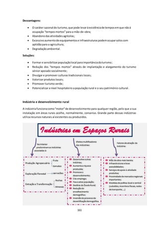 161 
Desvantagens: 
 O caráter sazonal do turismo, que pode levar á existência de tempos em que não á 
ocupação “tempos mortos” para a mão-de-obra; 
 Abandono das atividades agrícolas; 
 Excessivo aumento de equipamentos e infraestruturas podem ocupar solos com 
aptidão para a agricultura; 
 Degradação ambiental. 
Soluções: 
 Formar e sensibilizar população local para importância do turismo; 
 Redução dos “tempos mortos” através de implantação e alargamento do turismo 
sénior apoiado socialmente; 
 Divulgar e promover culturas tradicionais locais; 
 Valorizar produtos locais; 
 Promover turismo verde; 
 Potencializar a nível hospitaleiro a população rural e o seu património cultural . 
Indústria e desenvolvimento rural 
A indústria funciona como “motor” de desenvolvimento para qualquer região, pelo que a sua 
instalação em áreas rurais acolhe, normalmente, consenso. Grande parte dessas indústrias 
utiliza recursos naturais aí existentes ou produzidos. 
 