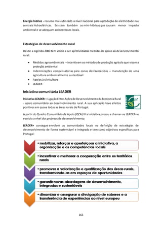 Energia hídrico - recurso mais utilizado a nível nacional para a produção de eletricidade nas 
centrais hidroelétricas. Existem também as mini-hídricas que causam menor impacto 
ambiental e se adequam ao interesses locais. 
163 
Estratégias de desenvolvimento rural 
Desde a Agenda 2000 têm vindo a ser aprofundadas medidas de apoio ao desenvolvimento 
rural: 
 Medidas agroambientais – incentivam os métodos de produção agrícola que visam a 
proteção ambiental 
 Indemnizações compensatórias para zonas desfavorecidas – manutenção de uma 
agricultura ambientalmente sustentável 
 Apoios à silvicultura 
 LEADER 
Iniciativa comunitária LEADER 
Iniciativa LEADER – Ligação Entre Ações de Desenvolvimento da Economia Rural 
- apoio comunitário ao desenvolvimento rural. A sua aplicação teve efeitos 
positivos em quase todas as áreas rurais de Portugal. 
A partir do Quadro Comunitário de Apoio (QCA) III a iniciativa passou a chamar-se LEADER+ e 
evoluiu a nível dos projetos de desenvolvimento. 
LEADER+ consegue envolver as comunidades locais na definição de estratégias de 
desenvolvimento de forma sustentável e integrada e tem como objetivos específicos para 
Portugal: 
 