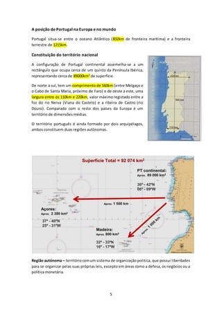 A posição de Portugal na Europa e no mundo 
Portugal situa-se entre o oceano Atlântico (832km de fronteira marítima) e a fronteira 
terrestre de 1215km. 
5 
Constituição do território nacional 
A configuração de Portugal continental assemelha-se a um 
rectângulo que ocupa cerca de um quinto da Península Ibérica, 
representando cerca de 89000km2 de superfície. 
De norte a sul, tem um comprimento de 560km (entre Melgaço e 
o Cabo de Santa Maria, próximo de Faro) e de oeste a este, uma 
largura entre os 110km e 220km, valor máximo registado entre a 
foz do rio Neiva (Viana do Castelo) e a ribeira de Castro (rio 
Douro). Comparado com o resto dos países da Europa é um 
território de dimensões médias. 
O território português é ainda formado por dois arquipélagos, 
ambos constituem duas regiões autónomas. 
Região autónoma – território com um sistema de organização politica, que possui liberdades 
para se organizar pelas suas próprias leis, excepto em áreas como a defesa, os negócios ou a 
política monetária. 
 