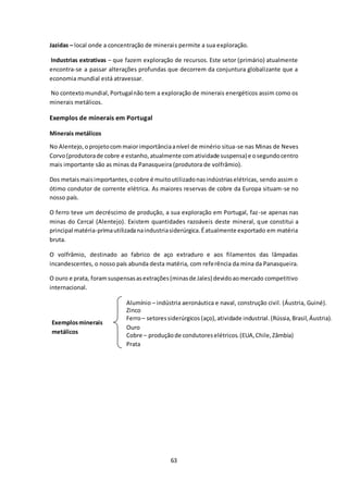 Jazidas – local onde a concentração de minerais permite a sua exploração. 
Industrias extrativas – que fazem exploração de recursos. Este setor (primário) atualmente 
encontra-se a passar alterações profundas que decorrem da conjuntura globalizante que a 
economia mundial está atravessar. 
No contexto mundial, Portugal não tem a exploração de minerais energéticos assim como os 
minerais metálicos. 
63 
Exemplos de minerais em Portugal 
Minerais metálicos 
No Alentejo, o projeto com maior importância a nível de minério situa-se nas Minas de Neves 
Corvo (produtora de cobre e estanho, atualmente com atividade suspensa) e o segundo centro 
mais importante são as minas da Panasqueira (produtora de volfrâmio). 
Dos metais mais importantes, o cobre é muito utilizado nas indústrias elétricas, sendo assim o 
ótimo condutor de corrente elétrica. As maiores reservas de cobre da Europa situam-se no 
nosso país. 
O ferro teve um decréscimo de produção, a sua exploração em Portugal, faz-se apenas nas 
minas do Cercal (Alentejo). Existem quantidades razoáveis deste mineral, que constitui a 
principal matéria-prima utilizada na industria siderúrgica. É atualmente exportado em matéria 
bruta. 
O volfrâmio, destinado ao fabrico de aço extraduro e aos filamentos das lâmpadas 
incandescentes, o nosso país abunda desta matéria, com referência da mina da Panasqueira. 
O ouro e prata, foram suspensas as extrações (minas de Jales) devido ao mercado competitivo 
internacional. 
Exemplos minerais 
metálicos 
Alumínio – indústria aeronáutica e naval, construção civil. (Áustria, Guiné). 
Zinco 
Ferro – setores siderúrgicos (aço), atividade industrial. (Rússia, Brasil, Áustria). 
Ouro 
Cobre – produção de condutores elétricos. (EUA, Chile, Zâmbia) 
Prata 
 