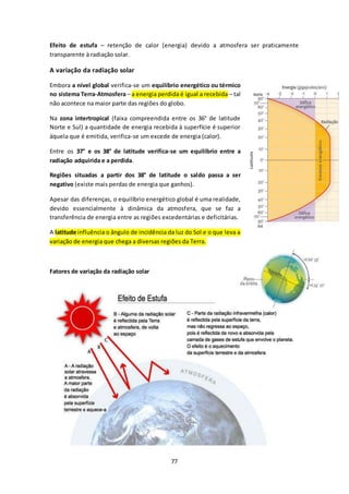 Efeito de estufa – retenção de calor (energia) devido a atmosfera ser praticamente 
transparente à radiação solar. 
77 
A variação da radiação solar 
Embora a nível global verifica-se um equilíbrio energético ou térmico 
no sistema Terra-Atmosfera – a energia perdida é igual a recebida – tal 
não acontece na maior parte das regiões do globo. 
Na zona intertropical (faixa compreendida entre os 36° de latitude 
Norte e Sul) a quantidade de energia recebida à superfície é superior 
àquela que é emitida, verifica-se um excede de energia (calor). 
Entre os 37° e os 38° de latitude verifica-se um equilíbrio entre a 
radiação adquirida e a perdida. 
Regiões situadas a partir dos 38° de latitude o saldo passa a ser 
negativo (existe mais perdas de energia que ganhos). 
Apesar das diferenças, o equilíbrio energético global é uma realidade, 
devido essencialmente à dinâmica da atmosfera, que se faz a 
transferência de energia entre as regiões excedentárias e deficitárias. 
A latitude influência o ângulo de incidência da luz do Sol e o que leva a 
variação de energia que chega a diversas regiões da Terra. 
Fatores de variação da radiação solar 
 