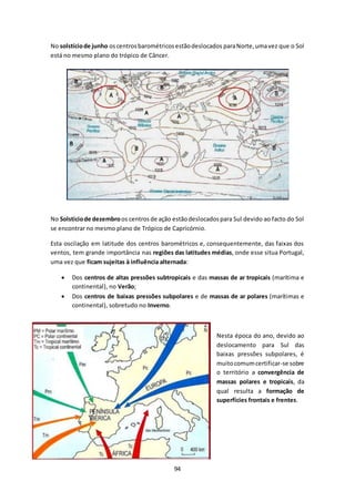 No solstício de junho os centros barométricos estão deslocados para Norte, uma vez que o Sol 
está no mesmo plano do trópico de Câncer. 
No Solstício de dezembro os centros de ação estão deslocados para Sul devido ao facto do Sol 
se encontrar no mesmo plano de Trópico de Capricórnio. 
Esta oscilação em latitude dos centros barométricos e, consequentemente, das faixas dos 
ventos, tem grande importância nas regiões das latitudes médias, onde esse situa Portugal, 
uma vez que ficam sujeitas à influência alternada: 
 Dos centros de altas pressões subtropicais e das massas de ar tropicais (marítima e 
94 
continental), no Verão; 
 Dos centros de baixas pressões subpolares e de massas de ar polares (marítimas e 
continental), sobretudo no Inverno. 
Nesta época do ano, devido ao 
deslocamento para Sul das 
baixas pressões subpolares, é 
muito comum certificar-se sobre 
o território a convergência de 
massas polares e tropicais, da 
qual resulta a formação de 
superfícies frontais e frentes. 
 