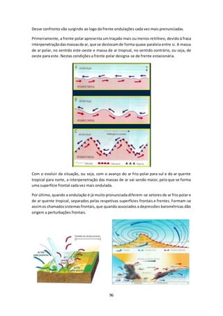 Desse confronto vão surgindo ao logo da frente ondulações cada vez mais prenunciadas. 
Primeiramente, a frente polar apresenta um traçado mais ou menos retilíneo, devido à fraca 
interpenetração das massas de ar, que se deslocam de forma quase paralela entre si. A massa 
de ar polar, no sentido este-oeste e massa de ar tropical, no sentido contrário, ou seja, de 
oeste para este. Nestas condições a frente polar designa-se de frente estacionária. 
Com o evoluir da situação, ou seja, com o avanço do ar frio polar para sul e do ar quente 
tropical para norte, a interpenetração das massas de ar vai sendo maior, pelo que se forma 
uma superfície frontal cada vez mais ondulada. 
Por último, quando a ondulação é já muito pronunciada diferem-se setores de ar frio polar e 
de ar quente tropical, separados pelas respetivas superfícies frontais e frentes. Formam-se 
assim os chamados sistemas frontais, que quando associados a depressões barométricas dão 
origem a perturbações frontais. 
96 
 