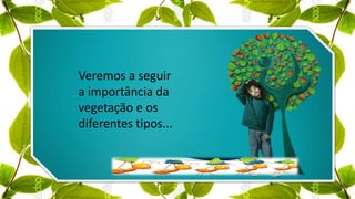 Veremos a seguir
a importância da
vegetação e os
diferentes tipos...
 
