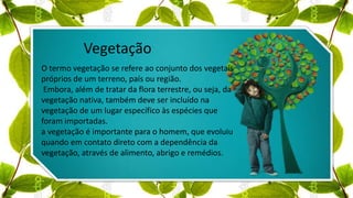 O termo vegetação se refere ao conjunto dos vegetais
próprios de um terreno, país ou região.
Embora, além de tratar da flora terrestre, ou seja, da
vegetação nativa, também deve ser incluído na
vegetação de um lugar específico às espécies que
foram importadas.
a vegetação é importante para o homem, que evoluiu
quando em contato direto com a dependência da
vegetação, através de alimento, abrigo e remédios.
Vegetação
 