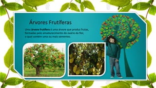 Árvores Frutíferas
Uma árvore frutífera é uma árvore que produz frutas,
formadas pelo amadurecimento do ovário da flor,
o qual contém uma ou mais sementes.
 