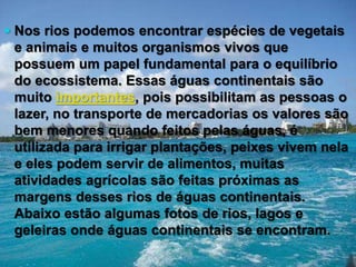  Nos rios podemos encontrar espécies de vegetais
e animais e muitos organismos vivos que
possuem um papel fundamental para o equilíbrio
do ecossistema. Essas águas continentais são
muito importantes, pois possibilitam as pessoas o
lazer, no transporte de mercadorias os valores são
bem menores quando feitos pelas águas, é
utilizada para irrigar plantações, peixes vivem nela
e eles podem servir de alimentos, muitas
atividades agrícolas são feitas próximas as
margens desses rios de águas continentais.
Abaixo estão algumas fotos de rios, lagos e
geleiras onde águas continentais se encontram.
 
