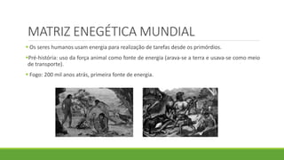MATRIZ ENEGÉTICA MUNDIAL
 Os seres humanos usam energia para realização de tarefas desde os primórdios.
Pré-história: uso da força animal como fonte de energia (arava-se a terra e usava-se como meio
de transporte).
 Fogo: 200 mil anos atrás, primeira fonte de energia.
 