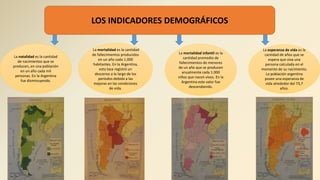 LOS INDICADORES DEMOGRÁFICOS
La natalidad es la cantidad
de nacimientos que se
producen, en una población
en un año cada mil
personas. En la Argentina
fue disminuyendo.
La mortalidad es la cantidad
de fallecimientos producidos
en un año cada 1.000
habitantes. En la Argentina,
esta tasa registró un
descenso a lo largo de los
períodos debido a las
mejoras en las condiciones
de vida.
La mortalidad infantil es la
cantidad promedio de
fallecimientos de menores
de un año que se producen
anualmente cada 1.000
niños que nacen vivos. En la
Argentina este valor fue
descendiendo.
La esperanza de vida es la
cantidad de años que se
espera que viva una
persona calculada en el
momento de su nacimiento.
La población argentina
posee una esperanza de
vida alrededor del 73,7
años.
 