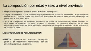 La composición por edad y sexo a nivel provincial
Cada provincia argentina posee su propia estructura demográfica.
La región pampeana es la que posee el mayor porcentaje de población envejecida. Las provincias de
Buenos Aires, Córdoba, Santa Fe y la Ciudad Autónoma de Buenos Aires poseen porcentajes de
población de más de 65 años.
El norte de la Argentina se presentan estructuras de población relativamente jóvenes debido a las
altas tasas de natalidad. En Jujuy, Formosa y Misiones, las personas mayores de 65 años
representan menos del 6% de la población. Las provincias patagónicas también tienen estructuras
de población joven.
LAS ESTRUCTURAS DE POBLACIÓN JOVEN
FORMOSA presenta una estructura demográfica
joven y en crecimiento representada por una
pirámide progresiva o expansiva.
 