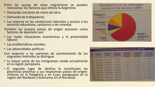 Entre las causas de estas migraciones se pueden
mencionar, los factores que ofrecía la Argentina:
• Demanda creciente de mano de obra.
• Demanda de trabajadores.
• Las mejoras en las condiciones laborales y acceso a los
servicios educativos, sanitarios o de vivienda.
También los propios países de origen actuaron como
factores de expulsión por:
• Las malas situaciones económicas y la precariedad
laboral;
• Las problemáticas sociales;
• Las adversidades políticas.
Con respecto a los patrones de asentamiento de los
migrantes limítrofes se distingue:
• La mayor parte de los inmigrantes reside actualmente
en la región pampeana.
• El segundo lugar de destino lo constituyen las
provincias próximas a sus respectivos países de origen:
chilenos en la Patagonia y en Cuyo, paraguayos en la
región del Nordeste y bolivianos en el Noroeste.
 