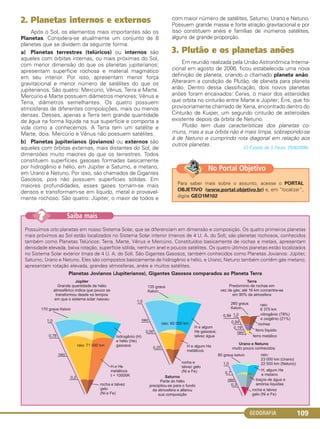 GEOGRAFIA 109
2. Planetas internos e externos
Após o Sol, os elementos mais importantes são os
Planetas. Considera-se atualmente um conjunto de 8
planetas que se dividem da seguinte forma:
a) Planetas terrestres (telúricos) ou internos são
aqueles com órbitas internas, ou mais próximas do Sol,
com menor dimensão do que os planetas jupiterianos;
apresentam superfície rochosa e material magmático
em seu interior. Por isso, apresentam menor força
gravitacional e menor número de satélites do que os
jupiterianos. São quatro: Mercúrio, Vênus, Terra e Marte.
Mercúrio e Marte possuem diâmetros menores; Vênus e
Terra, diâmetros semelhantes. Os quatro possuem
atmosferas de diferentes composições, mais ou menos
densas. Desses, apenas a Terra tem grande quantidade
de água na forma líquida na sua superfície e comporta a
vida como a conhecemos. A Terra tem um satélite e
Marte, dois. Mercúrio e Vênus não possuem satélites.
b) Planetas jupiterianos (jovianos) ou externos são
aqueles com órbitas externas, mais distantes do Sol, de
dimensões muito maiores do que os terrestres. Todos
constituem superfícies gasosas formadas basicamente
por hidrogênio e hélio, em Júpiter e Saturno, e metano,
em Urano e Netuno. Por isso, são chamados de Gigantes
Gasosos, pois não possuem superfícies sólidas. Em
maiores profundidades, esses gases tornam-se mais
densos e transformam-se em líquido, metal e provavel-
mente rochoso. São quatro: Júpiter, o maior de todos e
com maior número de satélites, Saturno, Urano e Netuno.
Possuem grande massa e forte atração gravitacional e por
isso constituem anéis e famílias de inúmeros satélites,
alguns de grande proporção.
3. Plutão e os planetas anões
Em reunião realizada pela União Astronômica Interna-
cional em agosto de 2006, ficou estabelecida uma nova
definição de planeta, criando o chamado planeta anão.
Alteraram a condição de Plutão, de planeta para planeta
anão. Dentro dessa classificação, dois novos planetas
anões foram encaixados: Ceres, o maior dos asteroides
que orbita no cinturão entre Marte e Júpiter; Éris, que foi
provisoriamente chamado de Xena, encontrado dentro do
Cinturão de Kuiper, um segundo cinturão de asteroides
existente depois da órbita de Netuno.
Plutão tem duas características dos planetas co-
muns, mas a sua órbita não é mais limpa, sobrepondo-se
à de Netuno e cumprindo rota diagonal em relação aos
outros planetas. (O Estado de S.Paulo, 25/8/2006).
Para saber mais sobre o assunto, acesse o PORTAL
OBJETIVO (www.portal.objetivo.br) e, em “localizar”,
digite GEO1M102
No Portal Objetivo
Possuímos oito planetas em nosso Sistema Solar, que se diferenciam em dimensão e composição. Os quatro primeiros planetas
mais próximos ao Sol estão localizados no Sistema Solar interior (menos de 4 U. A. do Sol); são planetas rochosos, conhecidos
também como Planetas Telúricos: Terra, Marte, Vênus e Mercúrio. Constituídos basicamente de rochas e metais, apresentam
densidade elevada, baixa rotação, superfície sólida, nenhum anel e poucos satélites. Os quatro últimos planetas estão localizados
no Sistema Solar exterior (mais de 4 U. A. do Sol). São Gigantes Gasosos, também conhecidos como Planetas Jovianos: Júpiter,
Saturno, Urano e Netuno. Eles são compostos basicamente de hidrogênio e hélio, e Urano; Netuno também contêm gás metano;
apresentam rotação elevada, grandes atmosferas, anéis e muitos satélites.
Planetas Jovianos (Jupiterianos), Gigantes Gasosos comparados ao Planeta Terra
Saiba mais??
C1_1A_Geo_prof_Clayton_2013 10/09/12 13:37 Page 109
 