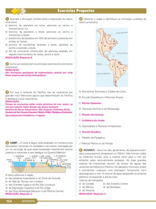 GEOGRAFIA154
ᕡ Assinale a afirmação correta sobre a disposição do relevo
americano:
a) domínio de planaltos ao norte, planícies ao centro e
montanhas ao sul.
b) domínio de planaltos a leste, planícies ao centro e
montanhas a oeste.
c) predomínio de planaltos em 70% do território e planícies em
ambos os litorais.
d) domínio de montanhas recentes a oeste, planaltos ao
centro e planícies a leste.
e) 2/3 do continente constituídos de planícies alojadas em
regiões intermontanas do oeste, centro e leste.
RESOLUÇÃO: Resposta: B
ᕢ Como se caracterizam as principais planícies do continente
americano?
RESOLUÇÃO:
São formações geológicas de sedimentação recente por onde
fluem importantes bacias hidrográficas.
ᕣ Por que a vertente do Pacífico não se caracteriza por
grandes rios? Mencione alguns que desembocam no Pacífico
e destaque a sua importância.
RESOLUÇÃO:
Porque as montanhas estão muito próximas do mar; assim, os
rios que nascem nessa direção são pouco extensos.
América do Norte: Sacramento, São Joaquim, Colúmbia (EUA).
América do Sul: Guayas (Equador), Biobio (Chile), Madalena (Colômbia).
Aproveitamento hidrelétrico, irrigação.
ᕤ (UNIP) – O corte a seguir está localizado na fronteira entre
dois países, formando um verdadeiro mar interior, interligado por
um rio, ao longo do qual estão localizados importantes centros
urbanos e industriais e que deságua no Oceano Atlântico.
O texto refere-se à região
a) dos pôlderes holandeses e do Porto de Roterdã.
b) do Vale do Tâmisa, em Londres.
c) dos Grandes Lagos e do Rio São Lourenço.
d) da Depressão Caspiana e do Rio Volga.
e) dos Rios Mississippi-Missouri e da Planície Central.
RESOLUÇÃO: Resposta: C
ᕥ Observe o mapa e identifique as principais unidades do
relevo americano:
A: Montanhas Rochosas e Cadeia da Costa
B: Escudo Canadense e Planícies Árticas
C: Montes Apalaches
D: Planícies Centrais e do Mississippi
E: Planalto das Guianas
F: Cordilheira dos Andes
G: Depressões e Planícies Amazônicas
H: Planalto Brasileiro
I: Planalto da Patagônia
J: Planície Platina ou do Pampa
ᕦ (FUVEST) – Seus rios são, geralmente, de pequena exten-
são e pouquíssimos ultrapassam os 700 km. Não formam redes
ou sistemas fluviais, pois a maioria corre para o mar por
estreitos vales sensivelmente paralelos. As duas grandes
cadeias de montanhas servem de divisor de águas das
vertentes do Atlântico e Pacífico. Os planaltos interiores, áridos
e semiáridos, originam uma drenagem temporária, sem
descarga para o mar. O volume de água despejada na vertente
atlântica corresponde a 2/3 do total.
Trata-se da hidrografia
a) do Canadá. b) dos Estados Unidos.
c) do México. d) da Nicarágua.
e) do Panamá.
RESOLUÇÃO: Resposta: C
C1_1A_Geo_prof_Clayton_2013 10/09/12 13:38 Page 154
 