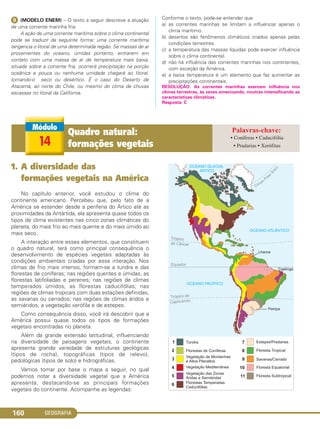 GEOGRAFIA160
ᕩ (MODELO ENEM) – O texto a seguir descreve a atuação
de uma corrente marinha fria:
A ação de uma corrente marítima sobre o clima continental
pode se traduzir da seguinte forma: uma corrente marítima
tangencia o litoral de uma determinada região. Se massas de ar
provenientes do oceano, úmidas portanto, entrarem em
contato com uma massa de ar de temperatura mais baixa,
situada sobre a corrente fria, ocorrerá precipitação na porção
oceânica e pouca ou nenhuma umidade chegará ao litoral,
tornando-o seco ou desértico. É o caso do Deserto de
Atacama, ao norte do Chile, ou mesmo do clima de chuvas
escassas no litoral da Califórnia.
Conforme o texto, pode-se entender que
a) as correntes marinhas se limitam a influenciar apenas o
clima marítimo.
b) desertos são fenômenos climáticos criados apenas pelas
condições terrestres.
c) a temperatura das massas líquidas pode exercer influência
sobre o clima continental.
d) não há influência das correntes marinhas nos continentes,
com exceção da América.
e) a baixa temperatura é um elemento que faz aumentar as
precipitações continentais.
RESOLUÇÃO: As correntes marinhas exercem influência nos
climas terrestres, às vezes amenizando, noutras intensificando as
características climáticas.
Resposta: C
1. A diversidade das
formações vegetais na América
No capítulo anterior, você estudou o clima do
continente americano. Percebeu que, pelo fato de a
América se estender desde a periferia do Ártico até as
proximidades da Antártida, ela apresenta quase todos os
tipos de clima existentes nas cinco zonas climáticas do
planeta, do mais frio ao mais quente e do mais úmido ao
mais seco.
A interação entre esses elementos, que constituem
o quadro natural, terá como principal consequência o
desenvolvimento de espécies vegetais adaptadas às
condições ambientais criadas por essa interação. Nos
climas de frio mais intenso, formam-se a tundra e das
florestas de coníferas; nas regiões quentes e úmidas, as
florestas latifoliadas e perenes; nas regiões de climas
temperados úmidos, as florestas caducifólias; nas
regiões de climas tropicais com duas estações definidas,
as savanas ou cerrados; nas regiões de climas áridos e
semiáridos, a vegetação xerófila e de estepes.
Como consequência disso, você irá descobrir que a
América possui quase todos os tipos de formações
vegetais encontradas no planeta.
Além da grande extensão latitudinal, influenciando
na diversidade de paisagens vegetais, o continente
apresenta grande variedade de estruturas geológicas
(tipos de rocha), topográficas (tipos de relevo),
pedológicas (tipos de solo) e hidrográficas.
Vamos tomar por base o mapa a seguir, no qual
podemos notar a diversidade vegetal que a América
apresenta, destacando-se as principais formações
vegetais do continente. Acompanhe as legendas:
14
Quadro natural:
formações vegetais
• Coníferas • Caducifólia
• Pradarias • Xerófitas
C1_1A_Geo_prof_Clayton_2013 10/09/12 13:38 Page 160
 