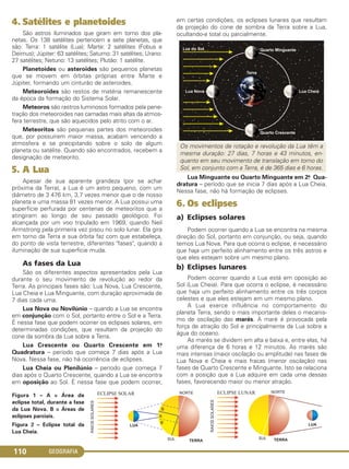 GEOGRAFIA110
4. Satélites e planetoides
São astros iluminados que giram em torno dos pla-
netas. Os 138 satélites pertencem a sete planetas, que
são: Terra: 1 satélite (Lua); Marte: 2 satélites (Fobus e
Deimus); Júpiter: 63 satélites; Saturno: 31 satélites; Urano:
27 satélites; Netuno: 13 satélites; Plutão: 1 satélite.
Planetoides ou asteroides são pequenos planetas
que se movem em órbitas próprias entre Marte e
Júpiter, formando um cinturão de asteroides.
Meteoroides são restos de matéria remanescente
da época da formação do Sistema Solar.
Meteoros são rastros luminosos formados pela pene-
tração dos meteoroides nas camadas mais altas da atmos-
fera terrestre, que são aquecidos pelo atrito com o ar.
Meteoritos são pequenas partes dos meteoroides
que, por possuírem maior massa, acabam vencendo a
atmosfera e se precipitando sobre o solo de algum
planeta ou satélite. Quando são encontrados, recebem a
designação de meteorito.
5. A Lua
Apesar de sua aparente grandeza (por se achar
próxima da Terra), a Lua é um astro pequeno, com um
diâmetro de 3 476 km, 3,7 vezes menor que o de nosso
planeta e uma massa 81 vezes menor. A Lua possui uma
superfície perfurada por centenas de meteoritos que a
atingiram ao longo de seu passado geológico. Foi
alcançada por um voo tripulado em 1969, quando Neil
Armstrong pela primeira vez pisou no solo lunar. Ela gira
em torno da Terra e sua órbita faz com que estabeleça,
do ponto de vista terrestre, diferentes "fases", quando a
iluminação de sua superfície muda.
As fases da Lua
São os diferentes aspectos apresentados pela Lua
durante o seu movimento de revolução ao redor da
Terra. As principais fases são: Lua Nova, Lua Crescente,
Lua Cheia e Lua Minguante, com duração aproximada de
7 dias cada uma.
Lua Nova ou Novilúnio – quando a Lua se encontra
em conjunção com o Sol, portanto entre o Sol e a Terra.
É nessa fase que podem ocorrer os eclipses solares, em
determinadas condições, que resultam da projeção do
cone da sombra da Lua sobre a Terra.
Lua Crescente ou Quarto Crescente em 1.a
Quadratura – período que começa 7 dias após a Lua
Nova. Nessa fase, não há ocorrência de eclipses.
Lua Cheia ou Plenilúnio – período que começa 7
dias após o Quarto Crescente, quando a Lua se encontra
em oposição ao Sol. É nessa fase que podem ocorrer,
em certas condições, os eclipses lunares que resultam
da projeção do cone de sombra da Terra sobre a Lua,
ocultando-a total ou parcialmente.
Lua Minguante ou Quarto Minguante em 2.a Qua-
dratura – período que se inicia 7 dias após a Lua Cheia.
Nessa fase, não há formação de eclipses.
6. Os eclipses
a) Eclipses solares
Podem ocorrer quando a Lua se encontra na mesma
direção do Sol, portanto em conjunção, ou seja, quando
temos Lua Nova. Para que ocorra o eclipse, é necessário
que haja um perfeito alinhamento entre os três astros e
que eles estejam sobre um mesmo plano.
b) Eclipses lunares
Podem ocorrer quando a Lua está em oposição ao
Sol (Lua Cheia). Para que ocorra o eclipse, é necessário
que haja um perfeito alinhamento entre os três corpos
celestes e que eles estejam em um mesmo plano.
A Lua exerce influência no comportamento do
planeta Terra, sendo o mais importante deles o mecanis-
mo de oscilação das marés. A maré é provocada pela
força de atração do Sol e principalmente da Lua sobre a
água do oceano.
As marés se dividem em alta e baixa e, entre elas, há
uma diferença de 6 horas e 12 minutos. As marés são
mais intensas (maior oscilação ou amplitude) nas fases de
Lua Nova e Cheia e mais fracas (menor oscilação) nas
fases de Quarto Crescente e Minguante. Isto se relaciona
com a posição que a Lua adquire em cada uma dessas
fases, favorecendo maior ou menor atração.
Os movimentos de rotação e revolução da Lua têm a
mesma duração: 27 dias, 7 horas e 43 minutos, en-
quanto em seu movimento de translação em torno do
Sol, em conjunto com a Terra, é de 365 dias e 6 horas.
Figura 1 – A = Área de
eclipse total, durante a fase
da Lua Nova. B = Áreas de
eclipses parciais.
Figura 2 – Eclipse total da
Lua Cheia.
C1_1A_Geo_prof_Clayton_2013 10/09/12 13:37 Page 110
 