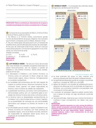 GEOGRAFIA 175
e) Países Platinos (Argentina, Uruguai e Paraguai).__________
_______________________________________________________
_______________________________________________________
_______________________________________________________
_______________________________________________________
RESOLUÇÃO: Maioria constituída por descendentes de europeus e
considerável participação de mestiços, principalmente no Paraguai.
ᕢ Comparando-se as populações de México, América Andina
e América Platina, podemos afirmar:
I. No México e na América Andina, encontramos grande
número de descendentes de grupos indígenas mais evoluídos
que formaram civilizações como os Maias, Astecas e Incas.
II. De uma maneira geral, são povos jovens com um processo de
envelhecimento precoce detonado pelo processo de urbanização.
III. Seu grau de urbanização ainda é baixo, tendo em vista que
esses países possuem uma economia agropastoril muito forte,
sendo sua única fonte de renda.
Está(ão) correta(as):
a) I e II. b) I e III. c) II e III.
d) apenas a I. e) apenas a III.
RESOLUÇÃO:
Resposta: A
ᕣ (UFF-MODELO ENEM) – Na letra da música denominada
Haiti, está retratada uma realidade sociopolítica observada nos
países latino-americanos, que diz respeito à questão da
Cidadania e dos Direitos Humanos. Acerca dessa questão,
pode-se afirmar que
a) o desrespeito à Cidadania e aos Direitos Humanos na
América Latina, em particular no Brasil, atinge de modo
indiscriminado negros, índios e brancos, homogeneizando
as condições sociopolíticas.
b) as sociedades latino-americanas não têm sido capazes de
superar os conflitos étnicos, fenômeno inexistente nas de-
mocracias raciais vigentes nos países anglo-saxões da
América, onde os direitos do cidadão são respeitados.
c) a globalização econômica, que possui como pressuposto a
democratização política, tem um importante papel na am-
pliação dos direitos humanos das etnias na América Latina.
d) na América Latina as desigualdades socioeconômicas se
entrelaçam com a discriminação étnica e cultural, fragilizan-
do as possibilidades de instituição de uma territorialidade
democrática que assegure os Direitos do Homem e do
Cidadão.
e) as dificuldades para se ampliar o respeito à Cidadania e aos
Direitos Humanos em territórios com forte presença de
populações negras, como as do Brasil e do Haiti, decorrem
da incapacidade de adaptação desse grupo étnico às
exigências de sociedades democráticas.
RESOLUÇÃO:
Resposta: D
ᕤ (MODELO ENEM) – A comparação das pirâmides etárias
da Argentina e da Bolívia permite afirmar:
(Atlas National Geographic, 2008.)
a) as duas pirâmides são iguais, ou seja, mostram uma
estrutura populacional típica de países subdesenvolvidos.
b) há significativas diferenças quando se compara, na pirâmide
argentina, a situação de 1950 com a de 2000.
c) apesar de indicarem uma situação de subdesenvolvimento,
observam-se diferenças entre as pirâmides da Argentina e
da Bolívia, com a primeira mostrando uma população mais
numerosa em termos adultos.
d) a evolução da população argentina poderá transformá-la,
com o passar do tempo, em algo semelhante à pirâmide
boliviana.
e) nas duas pirâmides, observa-se que o número de homens e
mulheres é igual, principalmente nas idades mais avan-
çadas.
RESOLUÇÃO:
A população argentina apresenta um maior número de adultos e
idosos, quando comparada à pirâmide boliviana. Dir-se-ia que a
população argentina se encontra numa situação de transição para
a população de um país desenvolvido, adulto, enquanto a
pirâmide boliviana ainda é bem característica de um país
subdesenvolvido, jovem.
Resposta: C
C1_1A_Geo_prof_Clayton_2013 10/09/12 13:38 Page 175
 