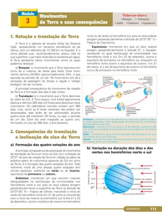 GEOGRAFIA 113
1. Rotação e translação da Terra
A Terra é o planeta da terceira órbita do Sistema
Solar, apresentando um tamanho semelhante ao de
Vênus, com um diâmetro de 12.756 km no Equador. É o
único planeta que, reconhecidamente, possui vida na
sua superfície, cuja maior extensão é recoberta por água.
A Terra apresenta vários movimentos, entre os quais
podemos destacar:
a) Rotação: o movimento que a Terra descreve em
torno de si mesma, de oeste para leste. Esse movi-
mento demora 23h56m (aproximadamente 24h), o que
equivale ao período de um dia. Tal movimento nos dá a
sensação da passagem do tempo e regula o "relógio
biológico" do ser humano.
A principal consequência do movimento de rotação
da Terra é a formação dos dias e das noites.
b) Translação: é o movimento que a Terra descreve
ao redor do Sol. A Terra possui uma órbita ligeiramente
elíptica e demora 365 dias e 6 horas para descrever esse
movimento. Os calendários normais contam com 365
dias, mas, como as 6 horas restantes não podem ser
desprezadas, elas terão de ser adicionadas durante
quatro anos até inteirarem 24 horas, ou seja, o período
de um dia. Esse dia será integrado ao quarto ano,
formando um ano de 366 dias, o ano bissexto.
2. Consequências da translação
e inclinação do eixo da Terra
a) Formação das quatro estações do ano
A principal consequência da associação do movimento
de translação da Terra em torno do Sol, com inclinação de
23°27’ do eixo de rotação da Terra em relação ao plano da
eclíptica (plano do movimento aparente do Sol em torno
da Terra), é a formação das quatro estações do ano. Todo
momento inicial de uma dessas quatro estações tem
nomes especiais: solstícios de verão ou de inverno,
equinócios de primavera ou outono.
Solstícios: momentos em que ocorrem maiores
desigualdades na distribuição da luminosidade nos
hemisférios norte e sul, pois os raios solares atingem
perpendicularmente a superfície da Terra na latitude de
23°27’30” N – Trópico de Câncer, marcando o início do
verão do hemisfério norte em 21 de junho e coincidindo
com o início do inverno no hemisfério sul. Entre 21 e 22
de dezembro, ocorre o solstício de inverno no hemisfério
norte ou de verão no hemisfério sul, pois os raios solares
atingem perpendicularmente a latitude de 23°27’30” S –
Trópico de Capricórnio.
Equinócios: momentos em que os raios solares
atingem perpendicularmente a latitude 0°, o Equador,
resultando na igual distribuição da luminosidade nos
hemisférios norte e sul. Em 23 de setembro, ocorre o
equinócio de primavera no hemisfério sul, enquanto no
hemisfério norte ocorre o equinócio de outono. Em 21
de março, é a vez do equinócio de outono no hemisfério
sul ou de primavera no hemisfério norte.
b) Variação na duração dos dias e das
noites nos hemisférios norte e sul
Solstícios – ocorrem em 21 de dezembro e 21 de junho, quando os dias e
as noites apresentam maior desigualdade de distribuição de luminosidade
nos hemisférios norte e sul.
Equinócios – ocorrem em 21 de março e 23 de setembro, quando os dias
e as noites têm igualdade de distribuição de luminosidade nos hemisférios
norte e sul.
Afélio – momento em que a Terra se posiciona mais afastada do Sol, com
152 milhões de km, em 4 de julho.
Periélio – momento em que a Terra se posiciona mais próxima do Sol, com
147 milhões de km, em 2 de janeiro.
3
Movimentos
da Terra e suas consequências
• Rotação • Translação
• Afélio • Solstícios • Equinócios
C1_1A_Geo_prof_Clayton_2013 10/09/12 13:37 Page 113
 