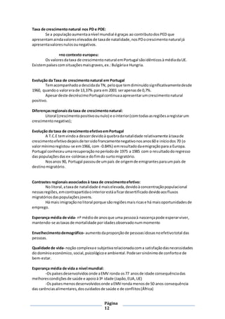 Página
12
Taxa de crescimentonatural nos PD e PDE:
Se a populaçãoaumentaanível mundial é graças ao contributodosPED que
apresentamaindavaloreselevadosde taxade natalidade,nosPDocrescimentonatural já
apresentavaloresnulosounegativos.
+no contexto europeu:
Os valoresdataxa de crescimentonatural emPortugal sãoidênticosà médiadaUE.
Existempaísescomsituaçõesmaisgraves,ex.:Bulgáriae Hungria.
Evolução da Taxa de crescimentonatural em Portugal
Temacompanhadoa descidada TN, peloque temdiminuídosignificativamentedesde
1960, quandoo valorera de 13,37% para em 2001 serapenasde 0,7%.
Apesardeste decréscimoPortugalcontinuaaapresentarumcrescimentonatural
positivo.
Diferençasregionaisda taxa de crescimentonatural:
Litoral (crescimentopositivoounulo) e ointerior(comtodasasregiõesaregistarum
crescimentonegativo);
Evolução da taxa de crescimentoefetivoemPortugal
A T.C.E temvindoa descerdevidoà quebradanatalidade relativamente àtaxade
crescimentoefetivodepoisde tersidofrancamentenegativonosanos60 e iníciodos 70 (o
valormínimoregistou-se em1966, com -0.84%) emresultadodaemigraçãopara a Europa.
Portugal conheceuumarecuperaçãonoperíodode 1975 a 1985 com o resultadodoregresso
das populaçõesdasex-colóniase dofimdo surtomigratório.
Nosanos 90, Portugal passoude umpaís de origemde emigrantesparaumpaís de
destinomigratório.
Contrastes regionaisassociadosà taxa de crescimentoefetivo:
No litoral,ataxade natalidade é maiselevada,devidoà concentraçãopopulacional
nessasregiões,emcontrapartidaointeriorestáaficardesertificado devidoaosfluxos
migratóriosdaspopulaçõesjovens.
Há mais imigraçãonolitoral porque sãoregiõesmaisricase há maisoportunidadesde
emprego.
Esperança média de vida- nº médiode anosque uma pessoaà nascençapode esperarviver,
mantendo-se astaxasde mortalidade poridadesobservadonummomento
Envelhecimentodemográfico- aumentodaproporçãode pessoasidosasnoefetivototal das
pessoas.
Qualidade de vida- noção complexae subjetivarelacionadacoma satisfaçãodasnecessidades
do domínioeconómico,social,psicológicoe ambiental.Podesersinónimode confortoe de
bem-estar.
Esperança média de vida a nível mundial:
-Ospaísesdesenvolvidosonde aEMV ronda os77 anosde idade consequênciadas
melhorescondiçõesde saúde e apoioà3ª idade (Japão,EUA,UE)
-Ospaísesmenosdesenvolvidosonde aEMV ronda menosde 50 anos consequência
das carênciasalimentares,doscuidadosde saúde e de conflitos(África)
 