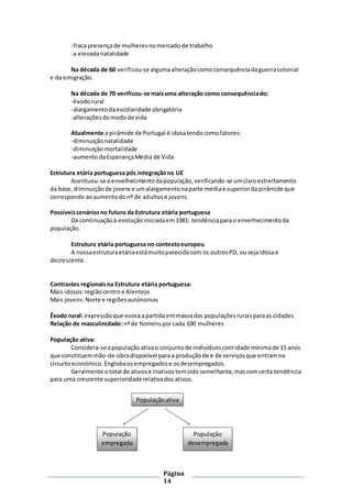 Página
14
-fraca presençade mulheresnomercado de trabalho
-a elevadanatalidade
Na década de 60 verificou-se algumaalteraçãocomoconsequênciadaguerracolonial
e da emigração.
Na década de 70 verificou-se maisuma alteração como consequênciado:
-êxodorural
-alargamentodaescolaridade obrigatória
-alterações domodode vida
Atualmente a pirâmide de Portugal é idosatendocomofatores:
-diminuiçãonatalidade
-diminuiçãomortalidade
-aumentodaEsperançaMédia de Vida
Estrutura etária portuguesa pós integraçãona UE
Acentuou-se oenvelhecimentodapopulação,verificando-se umclaroestreitamento
da base,diminuiçãode jovense umalargamentonaparte médiae superiorda pirâmide que
corresponde aoaumentodonº de adultose jovens.
Possíveiscenáriosno futuro da Estrutura etária portuguesa
Dá continuaçãoà evoluçãoiniciadaem1981: tendênciaparao envelhecimentoda
população.
Estrutura etária portuguesa no contextoeuropeu
A nossaestruturaetáriaestámuitoparecidacom os outrosPD, ousejaidosa e
decrescente.
Contrastes regionaisna Estrutura etária portuguesa:
Mais idosos:regiãocentroe Alentejo
Mais jovens:Norte e regiõesautónomas
Êxodo rural: expressãoque evocaapartida emmassadas populaçõesruraisparaas cidades
Relação de masculinidade:nºde homensporcada 100 mulheres
População ativa:
Considera-seapopulação ativao conjuntode indivíduoscomidade mínimade 15 anos
que constituemmão-de-obradisponível paraa produçãode e de serviçosque entramno
circuitoeconómico.Englobaosempregadose osdesempregados.
Geralmente ototal de ativose inativos temsidosemelhante,mascomcerta tendência
para uma crescente superioridaderelativados ativos.
Populaçãoativa
População
empregada
População
desempregada
 