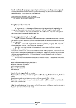 Página
16
Taxa de escolarização- proporção da populaçãoresidenteque estáafrequentarumgrau de
ensino,relativamente aototal dapopulaçãoresidente dogrupoetáriocorrespondente às
idadesnormaisde frequênciadesse graude ensino;
=
NÚMERO DE ESTUDANTES NUM NIVELDE ENSINO
POPULAÇÃO PERTENCENTEA ESSE NIVEL
X100
Portugal comparativamente à EU
O baixonível de escolaridadee afalta de qualificaçõesprofissionaisdapopulação
portuguesa- frutode atrasosacumuladosdopassado- colocaPortugal na cauda da UE.
A médiadonº de anosde escolaridade naUE é de 8,2 anos,enquantoPortugal é de
5,9%, contrastandocom a Suéciaque é de 11,4%
Evolução do grau de instrução em Portugal
Apesarde continuaratrasadorelativamenteaospaísesmaisdesenvolvidosdaEuropa
e doMundo, Portugal temregistadoumagrande evoluçãoemtermosdosníveisde instrução
da sua população.
Em 1960 a quantidade de populaçãosemensinoprimário,atingiaos60%, enquantoo
ensinosuperiorse limitavaaapenas0,6% da população
Em 2001, semensinoatinge 12% e quantoao ensinosuperior6% comcurso já
concluídoe 4% a frequentar.
Estesvaloresindiciamumafrancamelhoriadosníveisde instruçãoparaos quaiscontribuem
fatorescomoo alargamentoda escolaridade obrigatória,que erainicialmente de 4anos (até
1964) passandopara6 anos (até 1973) e de 8 anos (entre 1973 e 1986), e depois9 anos,e
atualmente 12 anos.
Outro fatorimportante é a valorizaçãosocial dainstruçãoe a penalizaçãodotrabalho
infantil.
Vários problemasda população portuguesa:
-envelhecimentodapopulação
-declíniodafecundidade
-Baixonível educacional
-Desemprego
Envelhecimentodapopulação no mundo:
-Ospaísesdesenvolvidos,comvaloressuperioresa15% (Europa,AméricadoNorte,Oceâniae
Japão)
-Ospaísesmenosdesenvolvidos,comvaloresinferioresa10% (Ásiae África)
-Ospaísesem desenvolvimento,comvaloresentre os10 e os 15% onde existempolíticasde
diminuiçãodanatalidade.
Índice de envelhecimento- percentagemde indivíduos(com+de 65 anos) relativamente aonº
de jovens(comidade inferiora15 anos)
 