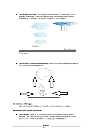 Página
43
 Precipitação convectiva:o grande aquecimentoaque por vezesoar está sujeito
aquece o ar pelabase.Este aquecimentotornaoar instável e pode levarà sua
ascendência.Aoascenderoar arrefece e o vaporde água condensa.
 Precipitaçõesciclónicasou convergentes: tipode chuvaresultante daconvergência
dos ventosnumdeterminadolocal.
Precipitação emPortugal:
Mais acentuadano Noroeste de Portugal,e menosacentuadanosudeste.
Fatores que fazem variar a precipitação:
 Fator latitude: apesarde os limitessul e Norte de Portugal continental apenas
distarem5 graus de latitude,este contribui tambémparaoseucontraste,entre as
regiõesnorte e sul em termostotaisde precipitaçãoe do nº de dias.
 