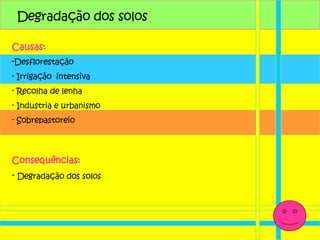 Degradação dos solos Consequências: Degradação dos solos Causas: Desflorestação  Irrigação  intensiva  Recolha de lenha Industria e urbanismo Sobrepastoreio 
