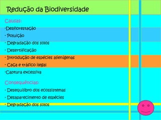 Redução da Biodiversidade Causas: Desflorestação  Poluição  Degradação dos solos Desertificação Introdução de espécies alienígenas Caça e tráfico ilegal  Captura excessiva Consequências: - Desequilibro dos ecossistemas - Desaparecimento de espécies Degradação dos solos 