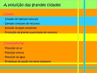 A poluição das grandes cidades Causas: Invasão de habitats naturais Elevado consumo de recursos Emissão de gases poluentes  Produção de grande quantidade de resíduos Consequências: Poluição do ar Poluição sonora  Poluição da água Problemas de saúde nos seres Humanos 