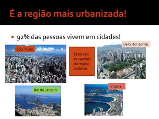É a região mais urbanizada!92% das pessoas vivem em cidades!Belo HorizonteSão Paulo  Estas são as capitais da região Sudeste. VitóriaRio de Janeiro