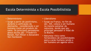 Escola Determinista x Escola Possibilistista
• Determinismo
• Surge a partir do positivismo,
durante a unificação da
Alemanha, considerando o ser
humano como um produto do
meio. Os principais pensadores
dessa escola são : Friederich
Ratzel, Karl Ritter e Alexandre
Von Humboldt.
• Liberalismo
• Surge na França, no fim do
séc. XIX, coloca o ser humano
no mesmo patamar da
natureza, sendo que seu
principal pensador é Vidal de
la Blache.
• Natureza vista como
fornecedora de possibilidades
para a ação humana sendo o
ser humano um agente ativo.
 