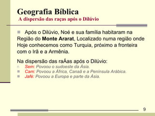 Geografia Bíblica  A dispersão das raças após o Dilúvio Após o Dilúvio, Noé e sua família habitaram na  Região do  Monte Ararat , Localizado numa região onde  Hoje conhecemos como Turquia, próximo a fronteira  com o Irã e a Armênia.  Na dispersão das raças após o Dilúvio: Sem:  Povoou o sudoeste da Ásia. Cam:  Povoou a África, Canaã e a Península Arábica. Jafé:  Povoou a Europa e parte da Ásia. 