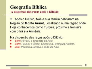 9
Geografia Bíblica
A dispersão das raças após o Dilúvio
 Após o Dilúvio, Noé e sua família habitaram na
Região do Monte Ararat, Localizado numa região onde
Hoje conhecemos como Turquia, próximo a fronteira
com o Irã e a Armênia.
Na dispersão das raças após o Dilúvio:
Sem: Povoou o sudoeste da Ásia.
Cam: Povoou a África, Canaã e a Península Arábica.
Jafé: Povoou a Europa e parte da Ásia.
 