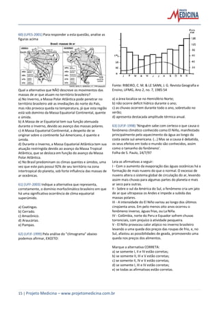 15 | Projeto Medicina – www.projetomedicina.com.br
60) (UFES-2001) Para responder a esta questão, analise as
figuras acima
Qual a alternativa que NÃO descreve os movimentos das
massas de ar que atuam no território brasileiro?
a) No Inverno, a Massa Polar Atlântica pode penetrar no
território brasileiro até as imediações do norte do País,
mas não provoca queda na temperatura, já que esta região
está sob domínio da Massa Equatorial Continental, quente
e úmida.
b) A Massa de ar Equatorial tem sua função atenuada
durante o Inverno, devido ao avanço das massas polares.
c) A Massa Equatorial Continental, a despeito de se
originar sobre o continente Sul-Americano, é quente e
úmida.
d) Durante o Inverno, a Massa Equatorial Atlântica tem sua
atuação restringida devido ao avanço da Massa Tropical
Atlântica, que se desloca em função do avanço da Massa
Polar Atlântica.
e) No Brasil predominam os climas quentes e úmidos, uma
vez que este país possui 92% de seu território na zona
intertropical do planeta, sob forte influência das massas de
ar oceânicas.
61) (UFF-2003) Indique a alternativa que representa,
corretamente, o domínio morfoclimático brasileiro em que
há uma significativa ocorrência de clima equatorial
superúmido.
a) Caatingas.
b) Cerrado.
c) Amazônico.
d) Araucárias.
e) Pampas.
62) (UFJF-1999) Pela análise do "climograma" abaixo
podemos afirmar, EXCETO:
Fonte: RIBEIRO, C. M. & LE SANN, J. G. Revista Geografia e
Ensino, UFMG, Ano 2, no. 7, 1985:54
a) a área localiza-se no Hemisfério Norte;
b) não ocorre deficit hídrico durante o ano;
c) as chuvas ocorrem durante todo o ano, sobretudo no
verão;
d) apresenta destacada amplitude térmica anual.
63) (UFJF-1998) ‘Ninguém sabe com certeza o que causa o
fenômeno climático conhecido como El Niño, manifestado
principalmente pelo aquecimento da água ao longo da
costa oeste sul-americana. (...) Mas se a causa é debatida,
os seus efeitos em todo o mundo são conhecidos, assim
como o tamanho do fenômeno’.
Folha de S. Paulo, 14/7/97
Leia as afirmativas a seguir:
I - Com o aumento da evaporação das águas oceânicas há a
formação de mais nuvens do que o normal. O excesso de
nuvens altera o sistema global de circulação do ar, levando
assim mais chuvas para algumas partes do planeta e mais
ar seco para outras.
II - Sobre o sul da América do Sul, o fenômeno cria um jato
de ar que ultrapassa os Andes e impede a subida das
massas polares.
III - A intensidade do El Niño variou ao longo dos últimos
cinqüenta anos. Em pelo menos oito anos ocorreu o
fenômeno inverso, águas frias, ou La Niña.
IV - Colômbia, norte do Peru e Equador sofrem chuvas
torrenciais, com prejuízo à atividade pesqueira.
V - El Niño provocou calor atípico no inverno brasileiro
levando a uma queda dos preços das roupas de frio, e, no
Sul, afastou as possibilidades de geada, promovendo uma
queda nos preços dos alimentos.
Marque a alternativa CORRETA:
a) se somente I, II e IV estão corretas;
b) se somente II, III e V estão corretas;
c) se somente II, IV e V estão corretas;
d) se somente I, III e IV estão corretas;
e) se todas as afirmativas estão corretas.
 