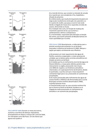 25 | Projeto Medicina – www.projetomedicina.com.br
c)
d)
e)
102) (UNIFESP-2004) Durante os meses de inverno,
aumenta a ocorrência de doenças respiratórias,
principalmente em idosos e crianças até 5 anos de idade,
em metrópoles como São Paulo. Um dos fatores que
agrava esse quadro é
A) a inversão térmica, que consiste na retenção de camada
de ar quente por uma camada de ar fria, impedindo a
diluição de poluentes.
B) o efeito-estufa, que resulta do lançamento de poeira em
larga escala resultante da construção civil, poluindo o ar.
C) o ponto de orvalho, que passa a ocorrer mais tarde
devido à chegada de massas de ar aquecidas oriundas do
oceano, diminuindo as chuvas.
D) a insolação mais curta, em função da mudança do
movimento aparente do Sol, que aumenta o
sombreamento e diminui a temperatura.
E) a maritimidade, responsável pela alteração na direção
dos ventos, que trazem poluentes da Baixada Santista em
maior quantidade que no verão.
103) (Unirio-1998) Recentemente, a mídia alertou para a
possível ocorrência de enchentes no sul do Brasil,
associadas à influência do fenômeno EL NINO. Marque a
opção que explica corretamente essa influência.
a) Ao provocar um maior aquecimento das águas do
Pacífico, aumenta a evaporação e a maior presença de
umidade, que se desloca pelas correntes atmosféricas em
direção ao centro-sul do Brasil.
b) A medida que há um resfriamento anormal das águas do
Oceano Atlântico, a massa polar atlântica penetra mais
intensamente na região, provocando mais chuvas.
c) EL NINO diz respeito a um fenômeno atmosférico
relacionado a um superaquecimento da Amazônia, devido
às queimadas, o que faz com que a massa equatorial
continental migre para o sul, provocando um aumento das
precipitações.
d) As nuvens provocadas pelo resfriamento das águas do
oceano Pacífico e Atlântico são direcionadas para o sul do
Brasil pela corrente marítima denominada EL NINO,
trazendo bastante chuva.
e) Caracterizando-se por ser uma corrente marítima fria
que se forma no litoral sul do Brasil, fortalece-se na
chegada do verão provocando um resfriamento da
atmosfera e um aumento das precipitações.
 