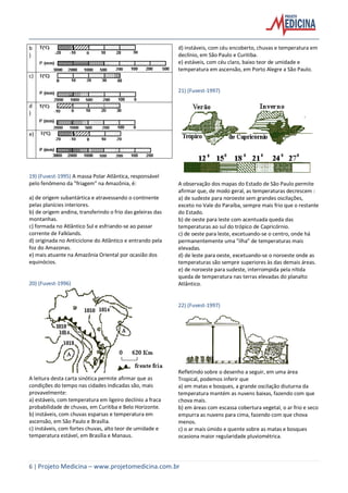 6 | Projeto Medicina – www.projetomedicina.com.br
b
)
c)
d
)
e)
19) (Fuvest-1995) A massa Polar Atlântica, responsável
pelo fenômeno da "friagem" na Amazônia, é:
a) de origem subantártica e atravessando o continente
pelas planícies interiores.
b) de origem andina, transferindo o frio das geleiras das
montanhas.
c) formada no Atlântico Sul e esfriando-se ao passar
corrente de Falklands.
d) originada no Anticiclone do Atlântico e entrando pela
foz do Amazonas.
e) mais atuante na Amazônia Oriental por ocasião dos
equinócios.
20) (Fuvest-1996)
A leitura desta carta sinótica permite afirmar que as
condições do tempo nas cidades indicadas são, mais
provavelmente:
a) estáveis, com temperatura em ligeiro declínio a fraca
probabilidade de chuvas, em Curitiba e Belo Horizonte.
b) instáveis, com chuvas esparsas e temperatura em
ascensão, em São Paulo e Brasília.
c) instáveis, com fortes chuvas, alto teor de umidade e
temperatura estável, em Brasília e Manaus.
d) instáveis, com céu encoberto, chuvas e temperatura em
declínio, em São Paulo e Curitiba.
e) estáveis, com céu claro, baixo teor de umidade e
temperatura em ascensão, em Porto Alegre a São Paulo.
21) (Fuvest-1997)
A observação dos mapas do Estado de São Paulo permite
afirmar que, de modo geral, as temperaturas decrescem :
a) de sudeste para noroeste sem grandes oscilações,
exceto no Vale do Paraíba, sempre mais frio que o restante
do Estado.
b) de oeste para leste com acentuada queda das
temperaturas ao sul do trópico de Capricórnio.
c) de oeste para leste, excetuando-se o centro, onde há
permanentemente uma "ilha" de temperaturas mais
elevadas.
d) de leste para oeste, excetuando-se o noroeste onde as
temperaturas são sempre superiores às das demais áreas.
e) de noroeste para sudeste, interrompida pela nítida
queda de temperatura nas terras elevadas do planalto
Atlântico.
22) (Fuvest-1997)
Refletindo sobre o desenho a seguir, em uma área
Tropical, podemos inferir que
a) em matas e bosques, a grande oscilação diuturna da
temperatura mantém as nuvens baixas, fazendo com que
chova mais.
b) em áreas com escassa cobertura vegetal, o ar frio e seco
empurra as nuvens para cima, fazendo com que chova
menos.
c) o ar mais úmido e quente sobre as matas e bosques
ocasiona maior regularidade pluviométrica.
 