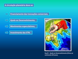 A circulação planetária deve-se:



      Financiamento das transações comerciais;

      Ajuda ao Desenvolvimento;

      Movimentos especulativos;

      Investimento das ETN.




                                          Fig.23 – Ajuda ao Desenvolvimento (China ao
                                          continente Africano).
 