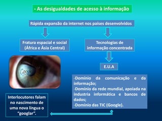 - As desigualdades de acesso à informação

           Rápida expansão da internet nos países desenvolvidos



       Fratura espacial e social              Tecnologias de
        (África e Ásia Central)          informação concentrada



                                                  E.U.A

                                   -Domínio da comunicação e da
                                   informação;
                                   -Domínio da rede mundial, apoiada na
                                   industria informática e bancos de
Interlocutores falam
                                   dados;
 no nascimento de
                                   -Domínio das TIC (Google).
 uma nova língua o
      “googlar”.
 