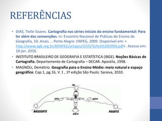 REFERÊNCIAS
• DIAS, Tielle Soares. Cartografia nas séries iniciais do ensino fundamental: Para
ler além das convenções. In: Encontro Nacional de Práticas do Ensino da
Geografia, 10. Anais ... Porto Alegre: ENPEG, 2009. Disponível em: <
http://www.agb.org.br/XENPEG/artigos/GT/GT6/tc6%20(999).pdf>. Acesso em:
10 jan. 2016.
• INSTITUTO BRASILEIRO DE GEOGRAFIA E ESTATÍSTICA (IBGE). Noções Básicas de
Cartografia. Departamento de Cartografia – DECAR. Apostila, 1998.
• MAGNOLI, Demétrio. Geografia para o Ensino Médio: meio natural e espaço
geográfico. Cap.1, pg.16, V. 1 , 1º edição São Paulo: Saraiva, 2010.
 