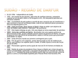 
















01/01/1956 – Independência do Sudão
1972 – Um acordo de paz garante, após anos de conflitos internos, autonomia
regional ao sul do país e assim o fim da guerra civil. (Foi descoberto petróleo em
território sudanês)
1983 – O presidente do país quebra o acordo de paz e anuncia que vai transformar o
país (inclusive o Sul) em um Estado Árabe, onde as leis islâmicas devem prevalecer.
Início da segunda guerra civil.
1989 – Golpe de Estado, Omar Hassan al-Bashir chega ao poder com objetivo de
fazer do Sudão o país islâmico “mais puro” do continente.
1997 – EUA impõe embargo ao país, três anos depois se torna exportador de petróleo
2003 – Inicio dos conflitos em Darfur. Revoltados com uma suposta política de
descriminação árabe, grupos rebeldes atacam postos do governo em Darfur. A reação
do governo vem sob forma de bombardeios e apoio a milícias locais que promovem
atrocidades na região.
2004 – União Africana manda seu primeiro contingente para o país.
2005 – Fim da guerra civil sudanesa, porém desvinculada ao fim da violência em
Darfur, que começa a se espalhar para o Chade. O Sudão rejeita o envio das forças
de paz da ONU.
2007 – Precionado o governo aceita ajuda de mais de 25 mil homens envidados da
ONU.
2008 – Pedido de prisão do presidente Omar Hassan al-Bashir por crimes de guerra,
contra a humanidade e genocídio. A acusação de genocídio foi retirada por falta de
provas. É o 1º mandado de prisão da história contra líder em exercício por crime de
guerra e contra a humanidade expedido pelo Tribunal Penal Internacional (TPI)

 