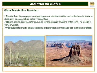 AMÉRICA DO NORTE Clima Semi-Árido e Desértico: Montanhas das regiões impedem que os ventos úmidos provenientes do oceano cheguem aos planaltos entre montanhas. Baixos índices pluviométricos e as temperaturas oscilam entre 30ºC no verão e 10ºC inverno. Vegetação formada pelas estepes e desérticas compostas por plantas xerófilas. 