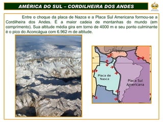 AMÉRICA DO SUL – CORDILHEIRA DOS ANDES Entre o choque da placa de Nazca e a Placa Sul Americana formou-se a Cordilheira dos Andes. É a maior cadeia de montanhas do mundo (em comprimento). Sua altitude média gira em torno de 4000 m e seu ponto culminante é o pico do Aconcágua com 6.962 m de altitude.  