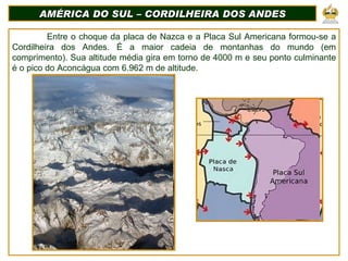 AMÉRICA DO SUL – CORDILHEIRA DOS ANDES Entre o choque da placa de Nazca e a Placa Sul Americana formou-se a Cordilheira do...
