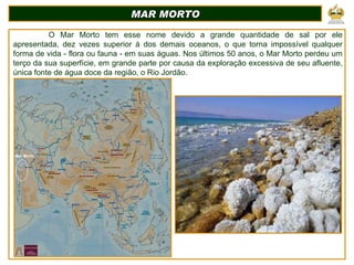 MAR MORTO O Mar Morto tem esse nome devido a grande quantidade de sal por ele apresentada, dez vezes superior à dos demais oceanos, o que torna impossível qualquer forma de vida - flora ou fauna - em suas águas. Nos últimos 50 anos, o Mar Morto perdeu um terço da sua superfície, em grande parte por causa da exploração excessiva de seu afluente, única fonte de água doce da região, o Rio Jordão. Mar Morto 