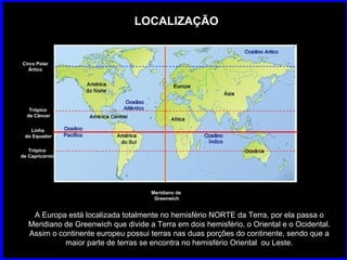 LOCALIZAÇÃO A Europa está localizada totalmente no hemisfério NORTE da Terra, por ela passa o Meridiano de Greenwich que divide a Terra em dois hemisfério, o Oriental e o Ocidental. Assim o continente europeu possui terras nas duas porções do continente, sendo que a maior parte de terras se encontra no hemisfério Oriental  ou Leste. Linha  do Equador Circo Polar Ártico Trópico  de Capricórnio Trópico  de Câncer Meridiano de  Greenwich 