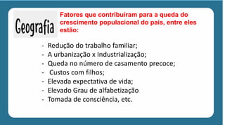 Fatores que contribuíram para a queda do
crescimento populacional do país, entre eles
estão:
- Redução do trabalho familiar;
- A urbanização x Industrialização;
- Queda no número de casamento precoce;
- Custos com filhos;
- Elevada expectativa de vida;
- Elevado Grau de alfabetização
- Tomada de consciência, etc.
 