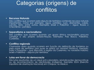 Categorias (origens) de conflitos Recursos Naturais São conflitos que ocorrem pela disputa de territórios contendo recursos naturais importantes, como por exemplo, água, petróleo, ouro, diamantes, cobre, carvão, ferro, entre outros. Exemplos: Israel x Palestina – água; Rússia x Chechênia   – petróleo. Separatismo e nacionalismo São conflitos que ocorrem quando um grupo étnico nacionalista procura constituir o seu próprio Estado-Nação. Exemplos: País Basco, Palestina, Curdistão. Conflitos regionais Chamados assim quando ocorrem em função da definição de fronteiras ou pela posse de territórios (aos quais se atribui um domínio histórico). Exemplo: Índia x Paquistão – que disputam a região da Caxemira, no noroeste indiano; Israel x Palestina – disputa por territórios. Lutas em favor da democracia São lutas resultantes de um ideal anti-colonialista, reivindicações democráticas ou de reconhecimento de identidades (indígena). Exemplo: EZLN (Exercito Zapatista de Libertação Nacional) em Chiapas, no México; 