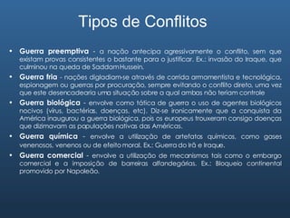Guerra preemptiva  -  a nação antecipa agressivamente o conflito, sem que existam provas consistentes o bastante para o justificar. Ex.: invasão do Iraque, que culminou na queda de Saddam Hussein. Guerra fria   - nações digladiam-se através de corrida armamentista e tecnológica, espionagem ou guerras por procuração, sempre evitando o conflito direto, uma vez que este desencadearia uma situação sobre a qual ambas não teriam controle  Guerra biológica  -  envolve como tática de guerra o uso de agentes biológicos nocivos (vírus, bactérias, doenças, etc). Diz-se ironicamente que a conquista da América inaugurou a guerra biológica, pois os europeus trouxeram consigo doenças que dizimavam as populações nativas das Américas. Guerra química  -  envolve a utilização de artefatos químicos, como gases venenosos, venenos ou de efeito moral. Ex.: Guerra do Irã e Iraque . Guerra comercial  -  envolve a utilização de mecanismos tais como o embargo comercial e a imposição de barreiras alfandegárias. Ex.: Bloqueio continental promovido por Napoleão.  Tipos de Conflitos 